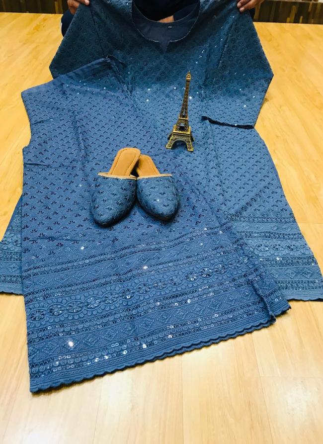 Blue Pure Cotton Party Wear Chiikankari Kurti With Sharara